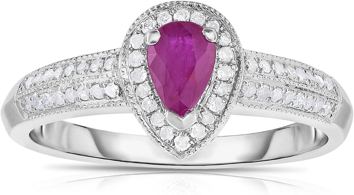 10K Solid White Gold Genuine Ruby Pear Shaped Diamond Ring