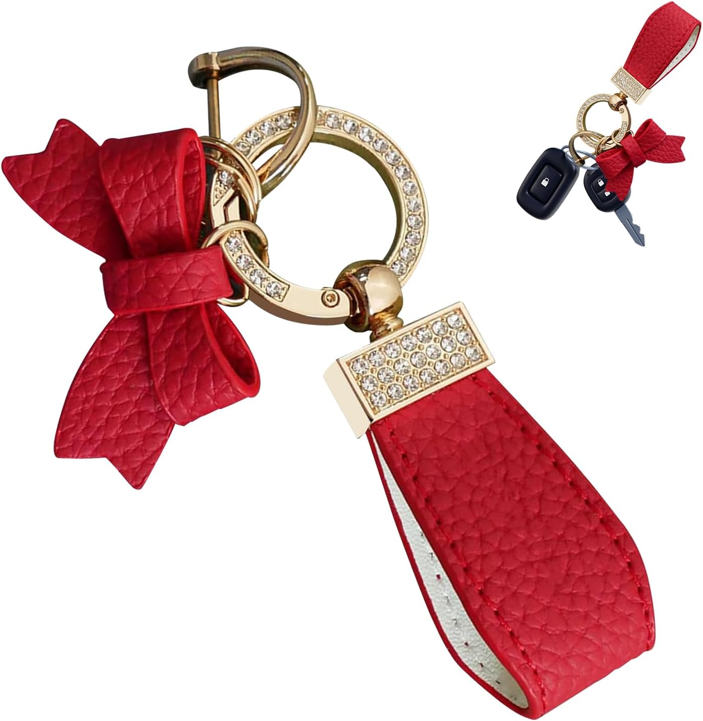 Bling Car Bowtie Keychain, Rhinestone Alloy Lychee Pattern PU Leather Exquisite Pendant, Women Auto Parts