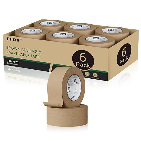 EFOK 6 Rolls Brown Packing Tape 2 Inch Bulk, 2025 Upgrade Kraft Paper Packaging Tape, 2 Inch x 55 Yards, Cardboard Shipping for Packing Boxes, Tear by Hand for Express Parcels & Office Use