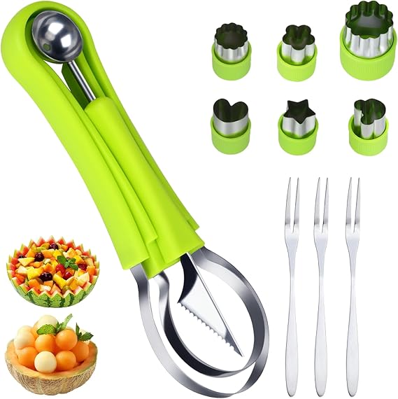 12PCS Melon Baller Scoop Set, 4-in-1 Watermelon Scooper Fruit Scooper, Fruit Cutter Shapes, Fruit Fork, Stainless Steel Carving Knife Kitchen Tools for Dig Pulp Separator Fruit Slicer