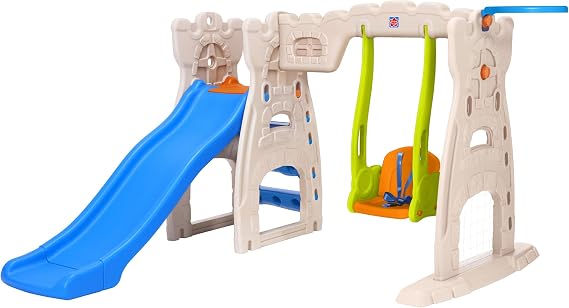 Grown Up Scramble N Slide Play Center with Castle Theme, Climbing Wall, Swing, 5.5 Slide, Jr. Basketball & Soccer Balls, UV-Protected Outdoor Toddler Playground for Ages 2-6, Easy Assembly