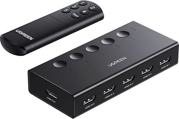 UGREEN HDMI Switch 5 in 1 Out, 4K@60Hz, with Remote, HDR, VRR, 3D, Black