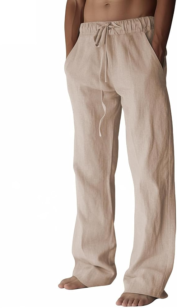 PIDOGYM Mens Cotton Linen Pants Beach Casual Pajama Pants with Pockets