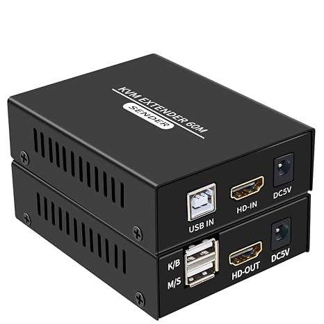 60M HDMI KVM Extender over Cat5e/Cat6, 1080P HDMI, USB KVM Extender, Transmit with Loop out, Black, Rack Mount