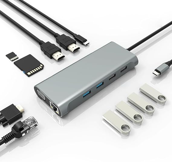 USB C Hub 11 in 1 Docking Station with HDMI, SD/TF, USB 2.0, USB 3.0,VGA, RJ45 Ethernet Ports,100W PD, Triple Display or Dual Monitor with 2 HDMI +VGA,for Dell HP Lenovo Surface MacBook Laptop