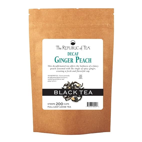 The Republic of Tea Decaf Ginger Peach Black Full-Leaf Loose Tea 1 lb Bulk Bag | Steeps 200 Cups