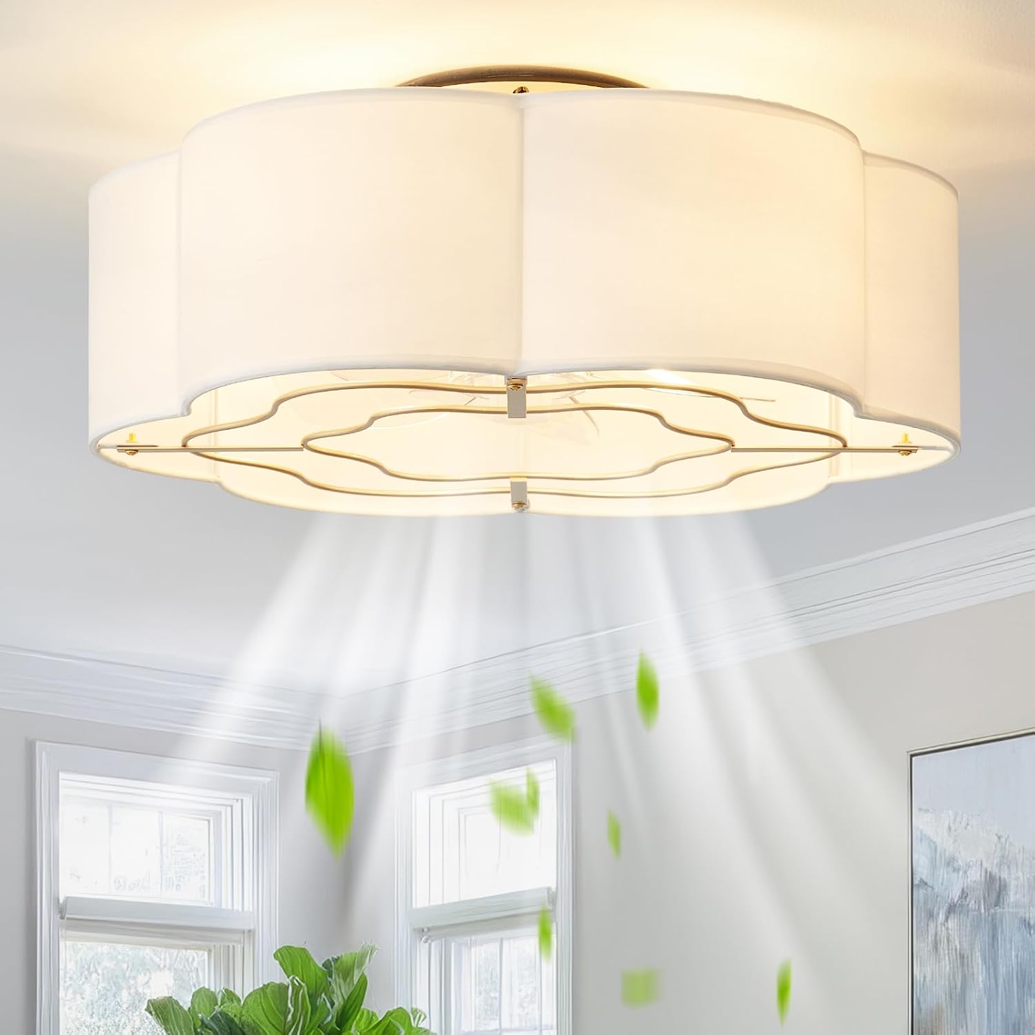 Caged Ceiling Fan with Lights, Flush Mount 20" Boho Ceiling Fans with Lights Remote Control, Low Profile Fabric Bladeless with 6 Speeds for Bedroom, Nursery, Kitchen