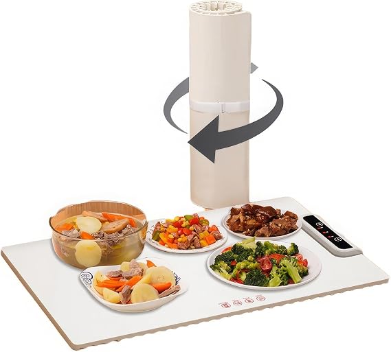 Roll Up Heating Tray for Food, Smart Electric Hot Plate, 3-Level Temperature Adjustment Full Surface Heating Pad,for Food Heating and Rapid Thawing, White