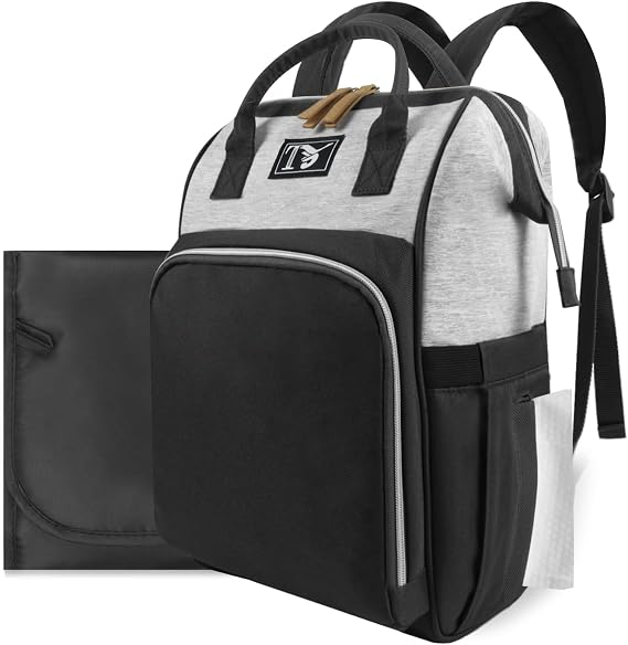 Diaper Bag Backpack for Women - Multifunction Travel Essentials Baby Diaper Bag with Changing Pad, Large Backpack Baby Girl Boy, Insulated Bottle Holders & Stroller Straps (Black+Gray)