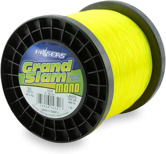 HI-SEAS Grand Slam Monofilament Fishing Line - Strong & Abrasion Resistant in Clear, Pink, Green, Smoke Blue, Fluorescent Yellow Freshwater & Saltwater - 1 lb Spool
