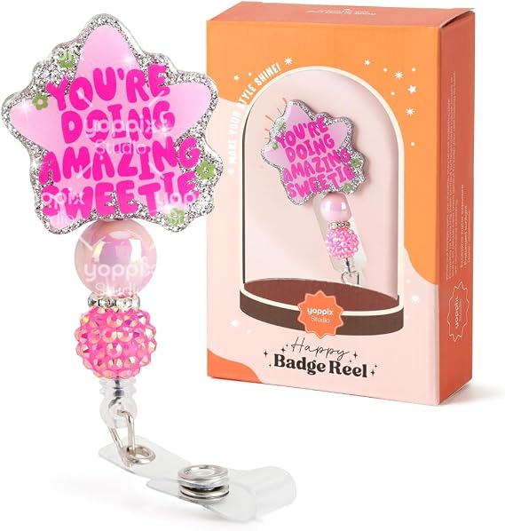 YOPPIX You're Doing Amazing Sweetie Badge Reel, Sassy Funny Sparkly Glitter Retractable Badge Reel for Nurses RN EN Doctor Paramedic Teachers Medical Office Womens