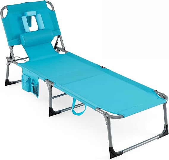 COSTWAY Tanning Chair with Face Hole, Folding Beach Lounge Chair with 4-Position Adjustable Backrest, Pillow & Side Pocket, Foldable Chaise Lounge Chair Outdoor for Sunbathing, Camping (1, Turquoise)