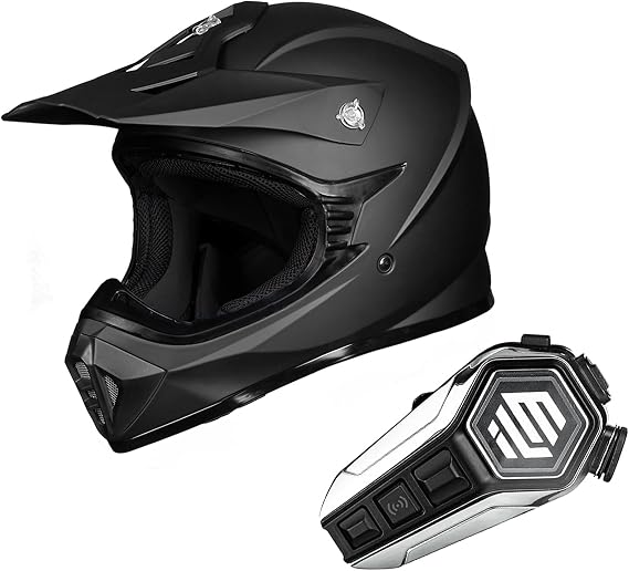 ILM Adult Dirt Bike Helmets Motocross ATV Dirtbike Helmet (L, Matte Black) and Bluetooth Headset with Hi-Fi System