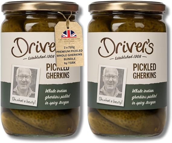 Drivers Pickled Gherkins Bundle – 2 x 710g Jars of Whole Indian Gherkins in Spicy Vinegar – Premium Snacking Pickles by TGBK