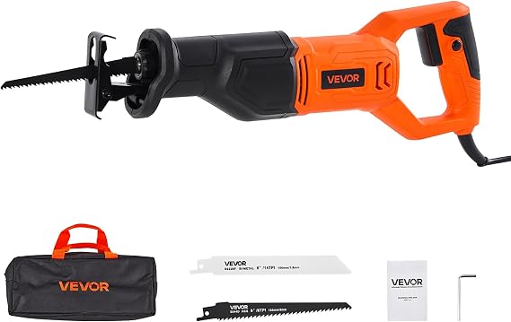 VEVOR 6 Amp Corded Reciprocating Saw, 3/4" Stroke Length, Power Reciprocating Saw with Variable Speed, 3000 SPM, 8 Blades & Bag Included, for Wood, Metal, and Plastic Cutting