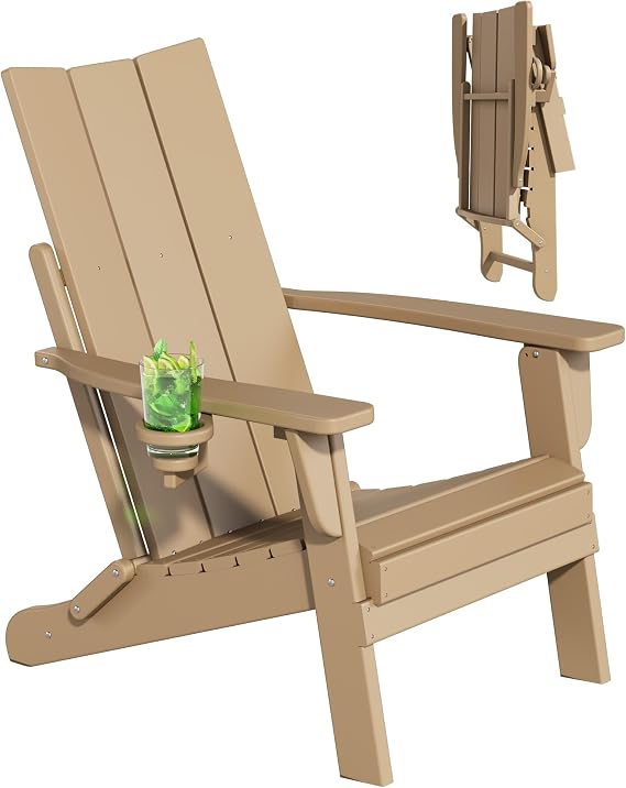 Folding Adirondack Chairs, All-Weather Resistant HDPE Patio Firepit Chairs, Sturdy Outside Chairs with Cup Holder, Pre-Installed Lawn Chairs Load Capacity 385lb, Weathered Wood