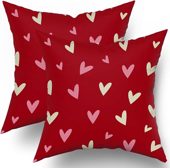 Valentines Day Pillow Covers 18x18 Set of 2 Red Pink Love Heart Holiday Decorative Throw Pillows Romantic Valentine Themed Gifts Pillowcase Cotton Cushion Cover Decor for Home Couch Bed Soft