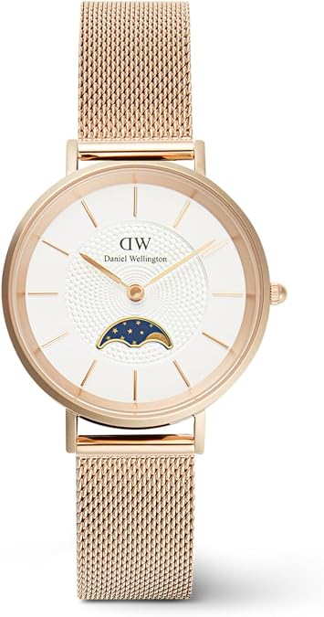 Daniel Wellington Women's Moon Phase Watch - 32mm Round White Moon-Phase Sub-dial, Stainless Steel Case with Interchangeable Mesh Strap, Unique and Elegant Design Wristwatch for Women