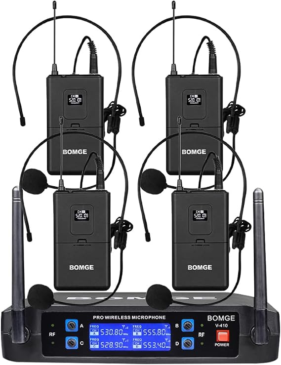 Wireless Microphone System, Pro 4-Channel Cordless Mic Set with Four Handheld Mics, Fixed Frequency, Long Range 200ft, Ideal for Church, Karaoke, Events (V410B)