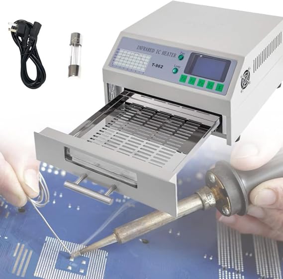 800W Reflow Oven, T962 Automatic Reflow Soldering Machine 180 x 235 mm Professional Infrared Heater Soldering Machine with Hot Air Circulation for PCB SMT Soldering Proofing