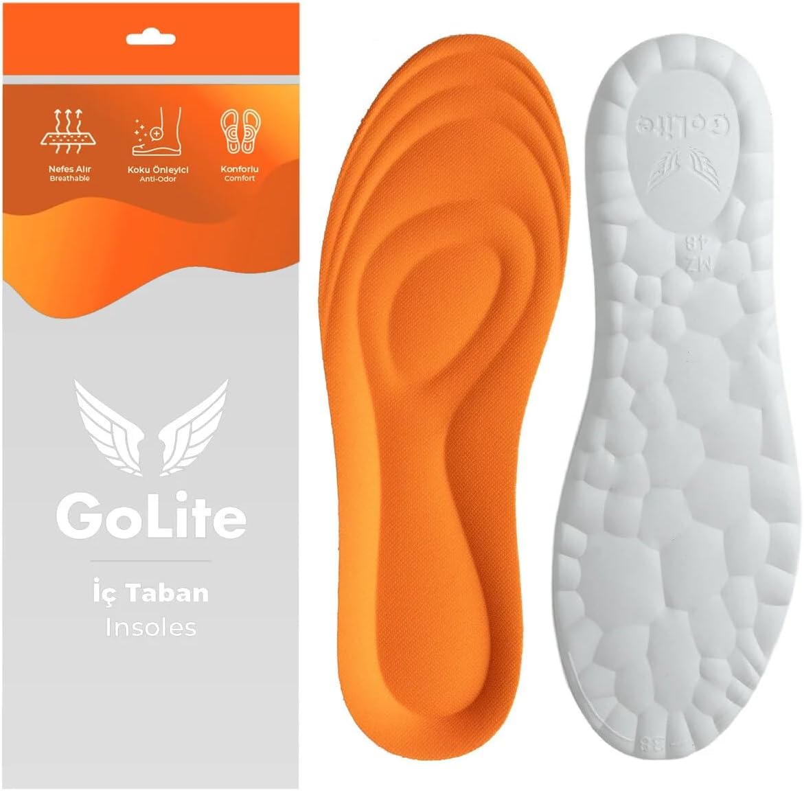 GoLite Ortopedik Tabanlık, Yumuşak Masaj Etkili, Spor Ayakkabı İçin, Topuk Dikeni Desteği, Nefes Alabilen Kumaş, M48 (Turuncu, 36-37)