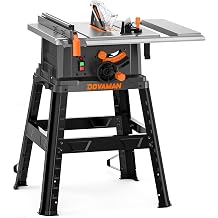 DOVAMAN 10-Inch 15A Table Saw, Tablesaw/W Stand, Max Cutting Height: 2.48" (45) / 3.35" (90), 5300 RPM Copper Motor, Extension on One Side, Multifunctional Table Saw for Various Wood Working