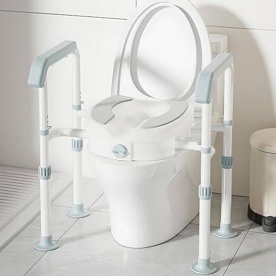 Raised Toilet Seat with Handles, Toilet Seat Riser for Seniors with Adjustable Height & Width, Toilet Riser for Seniors, Handicap, Pregnant, Fits Any Toilet, Up to 200lbs White