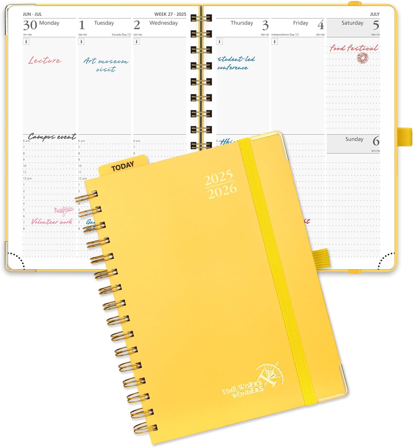 POPRUN Academic Planner 2025-2026 July 2025-June 2026, Daily Weekly and Monthly Appointment Book Wirebound Hard Cover - 6.25 x 8.5 with Hourly Time Slots, Tabs, 100 GSM - Light Yellow