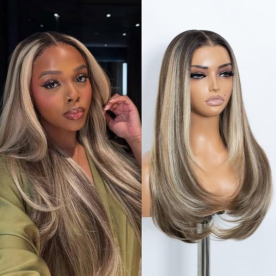 Style Icon 24 inch Multi-Layer Long Straight Hair Wig Brown Highlight 6x4 Pre-Cut Lace Long Layered Hair Synthetic Free Part Wig (NTSA4/10/23B/613C)