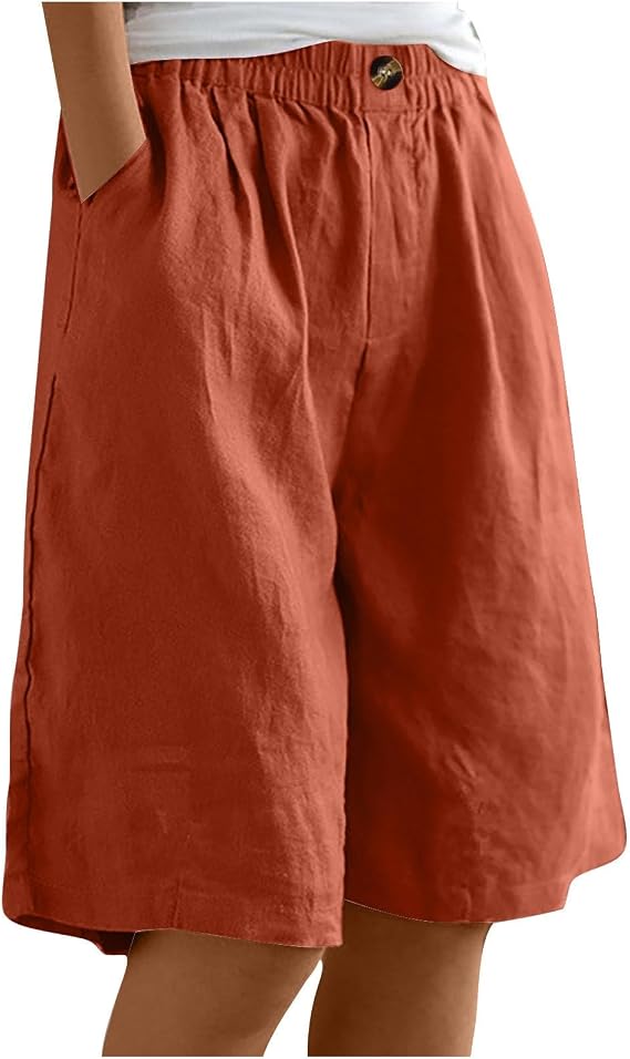 Linen Bermuda Shorts for Women Knee Length Long Short Casual Elastic Waist Wide Leg Summer Beach Culottes with Pocket