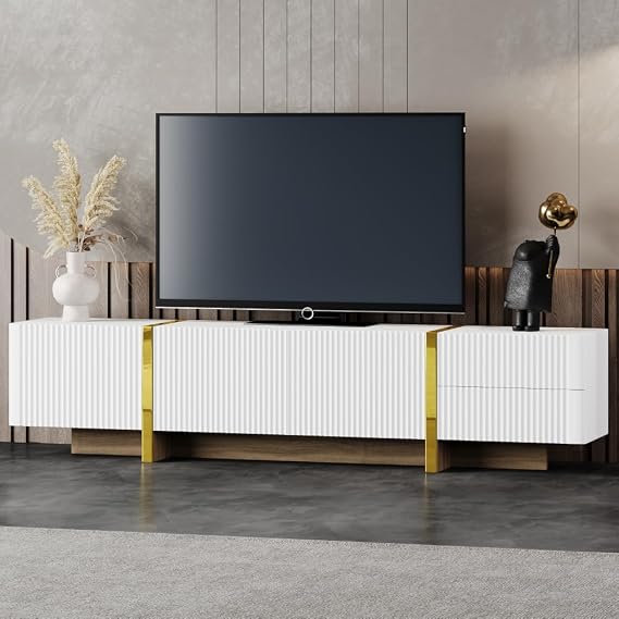 ON-Trend Luxury Fluted TV Stand for TVs Up to 80'', Modern Entertainment Center with Storage Cabinets & Drawers, Smooth Media Console with Golden Wood Grain Legs for Living Room, White