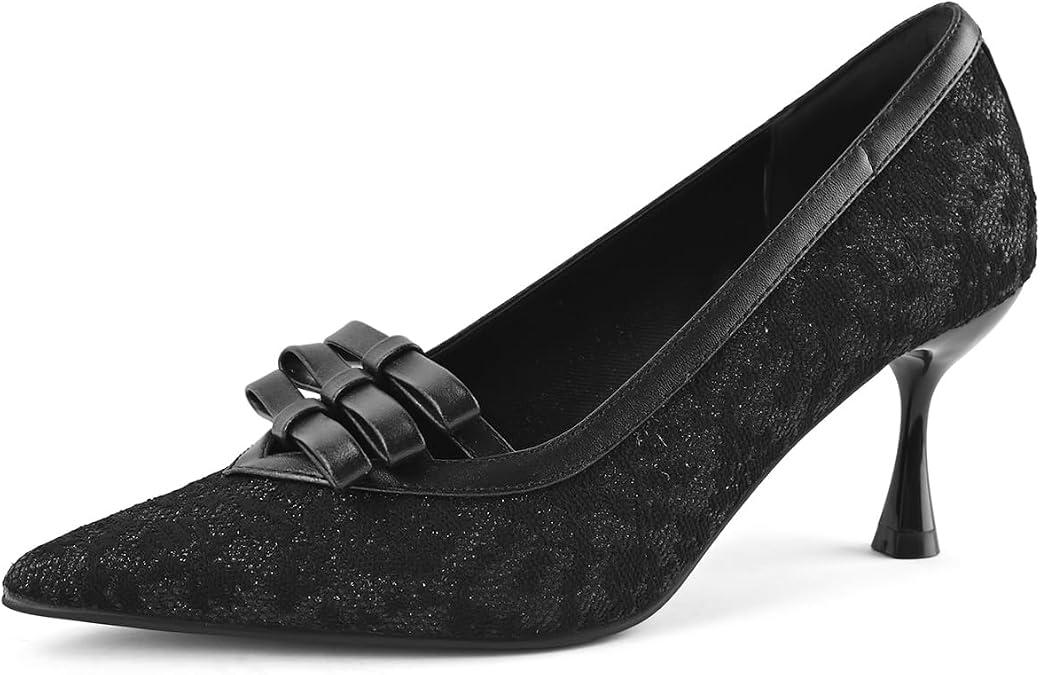Women's Kitten Heel Pumps Closed Pointed Toe Mesh Lace Heels Sexy Pointy Stiletto Bow Pump Slip on Comfortable Heeled Sandals Wedding Dress Shoes
