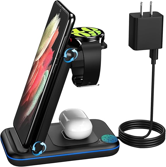Wireless Charger for Samsung/Android, HOLYJOY Foldable 3 in 1 Fast Charging Station/Stand/Multi Charger for Samsung S25 Ultra/S24/Note 20, Travel Pad for Galaxy Watch 8/7/6/5/Active 2, For Buds(Black)