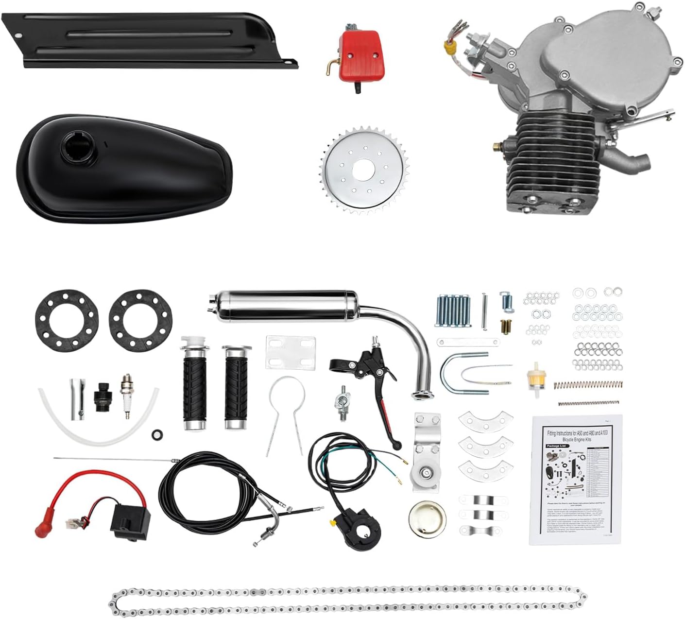 100CC 44 Tooth Bicycle Engine Full Kit, 2-Stroke4-Stroke Gas Petrol Motorized Bike Bicycle Gasoline Motor Engine Motor Kit DIY Conversion Kit with Sprocket Chain Drive Bike Bicycle Scooter