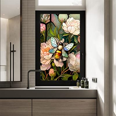 Window Privacy Film, Floral Bee Static Window Stickers, Removable Glass Privacy Window Film, Bathroom Decal Sticker 45X100cm