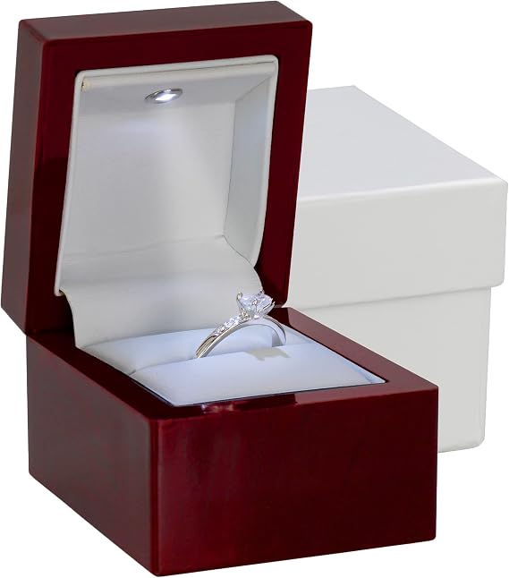 Noble Cherry Ring Box with Light - Unique LED Engagement Ring Box for Proposal Ring or Special Occasions (Mahogany/White Insert)