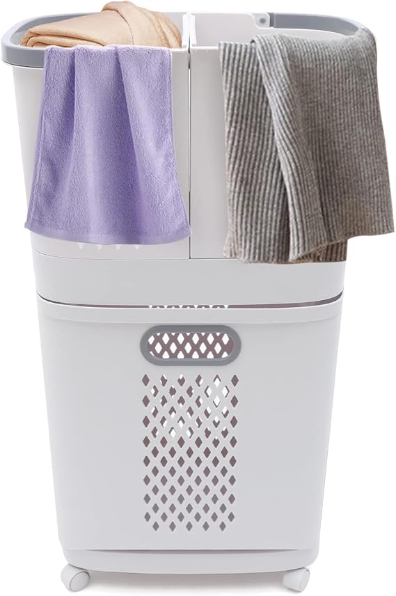 Rolling Laundry Basket Tower Stackable Laundry Basket with Wheels, Laundry Room Organization Multifunction Storage Basket Plastic (17 x 12 x 29 inch)