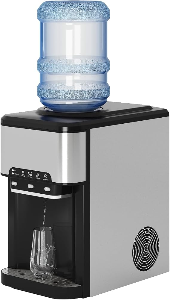 3-in-1 Countertop Water Dispenser with Ice Maker, Top-Loading Water Dispenser for 3-5 Gallon Bottles, Compact Desktop Water Cooler with 3-Temperature Settings for Home,Office.