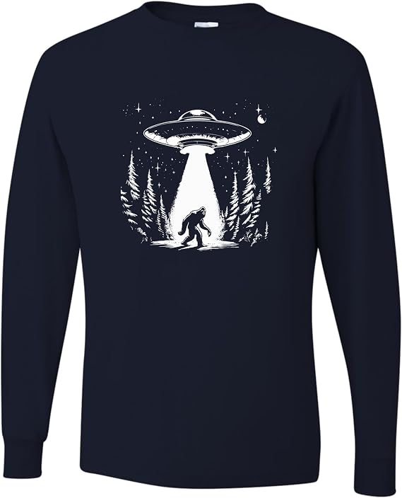 Go All Out UFO Capturing Bigfoot in The Forest Funny Sasquatch Mens Long Sleeve T-Shirt
