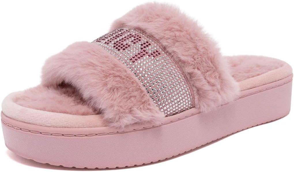 Juicy Couture Womens Platform Slipper with Rhinestone Logo Strap, Plush Fuzzy Slide House Shoe with Soft Cushion Footbed
