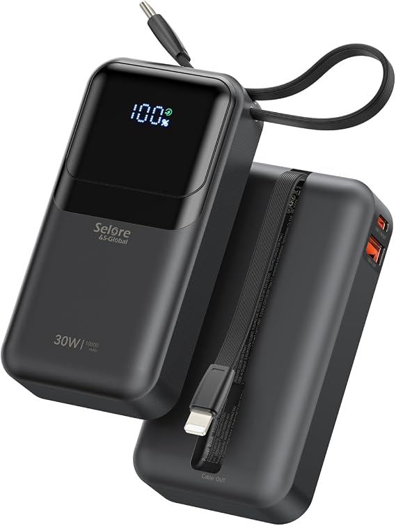 PD 30W Fast Charging Portable iPhone Charger 10 000mAh Mini Size Power Bank with Built in USB C & Lightning Cable, LED Display, Travel Battery