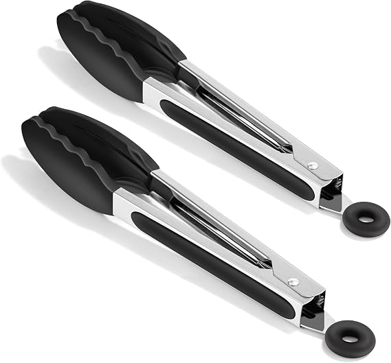 Kitchen Tongs, 9 Inch Cooking Tong Silicone for Kitchen, 2 Pack Food Tongs with Locking Clip for Air Fryer, BBQ, Salad, Grill, and Serving, Non-Stick, Heat Resistant - Black
