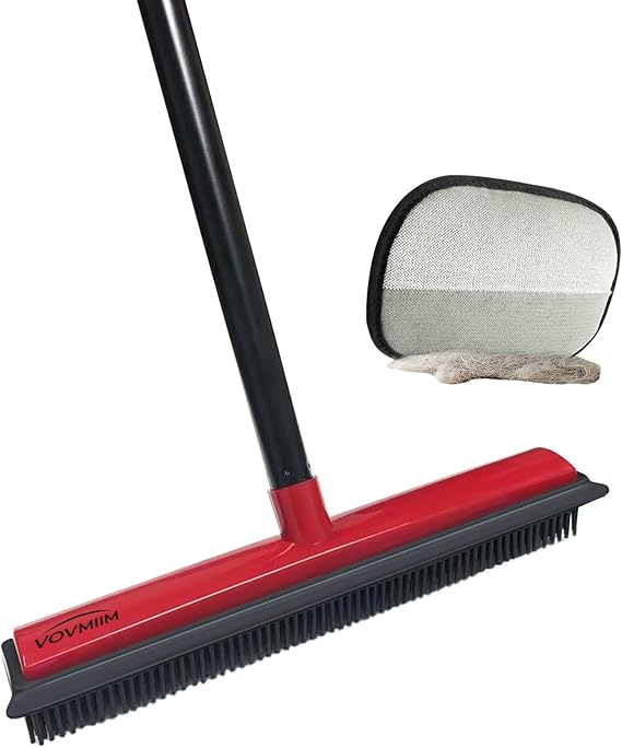 Rubber Broom with Hair Removal Gloves for Carpet Pet Hair Remover,50 inch Long Handled Fur Remover Rake,Portable Detailing Lint Brush,Pet Removal Fluff Carpet, Hardwood Floor and Tile,Red