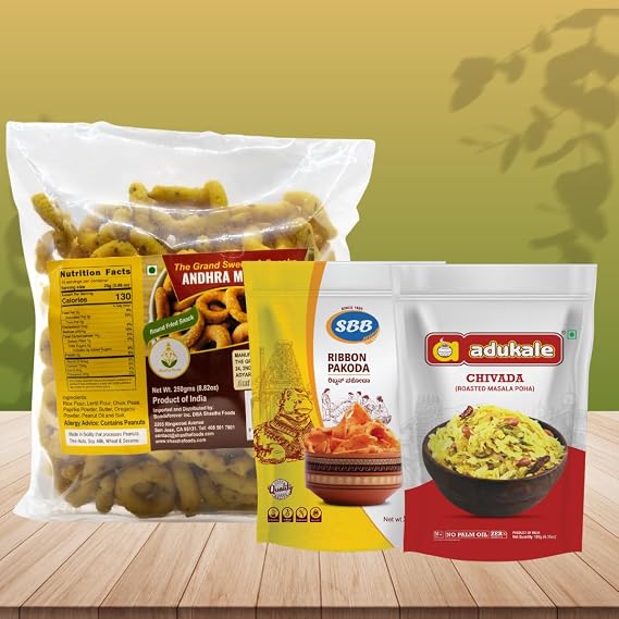 Grand Sweets and Snacks, SBB and Adukale Combo - A (Pack of 3) Contain - SBB -Ribbon pakoda 200g, ADK - Chivada 180g, GSS -Andhra Murukku 250g