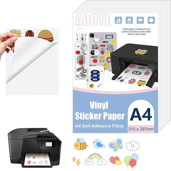 12 Sheets Matte Sticker Printer Paper, 297 x 210mm Self-Adhesive Vinyl Labels, A4 Waterproof Printable Vinyl Stickers Paper, Printable Film for Inkjet & Laser Printer, Matte