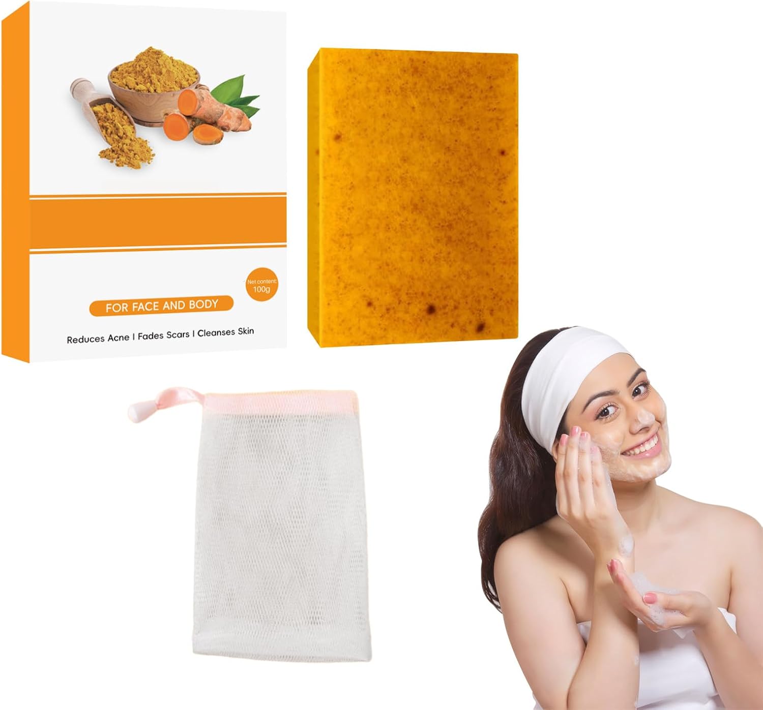 Turmeric Soap Bar, Natural Handmade Kojic Acid Soap with Foaming Nets for Face & Body, Dark Spot Acne Blackheads Remover for Even Skin Tone, Moisturizing Erase Fine Lines Yellow,1pcs