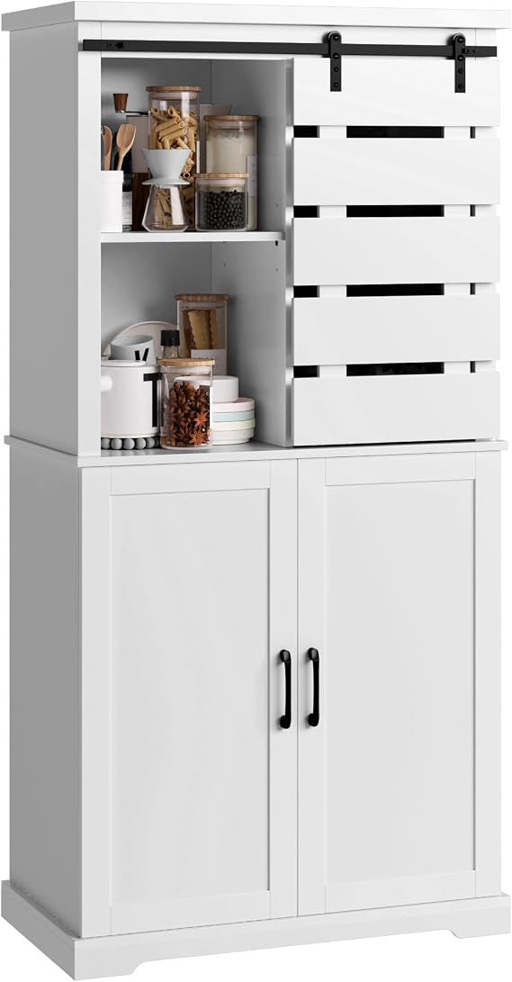 BOTLOG Tall Kitchen Pantry, Large Wood Storage Cabinet with Sliding Barn Door and Adjustable Shelves, Tall Freestanding Cupboard for Dining Room, Living Room, Laundry, White