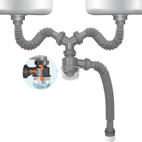 Double Sink Waste Kit Expandable Flexible 1 1/2 Inch P-Trap with Visible Removable Easy-Clean Water Seal Anti-Odor Cup for Bathroom, Kitchen Sink Waste Pipe Kit