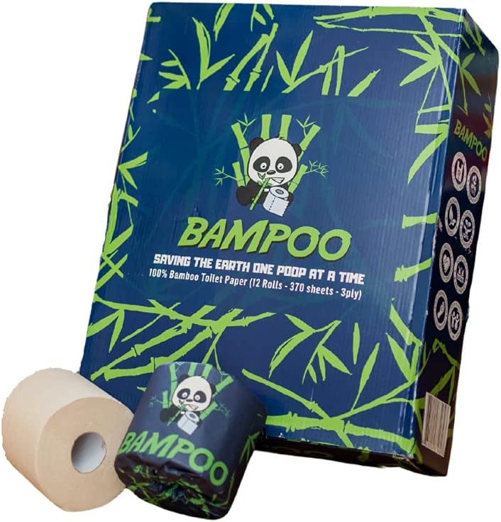 Bamboo Toilet Paper | Plastic-free, Chemical-free, Tree-free, Septic-safe, Unbleached | 12 Rolls 370 sheets 3-ply