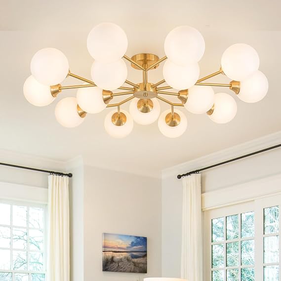 38.5" Semi Flush Mount Ceiling Light, 15-Light Modern Gold Ceiling Light Fixture with Opal Glass Globe, Mid-Century Large Sputnik Chandelier for Living Room Dining Room Hallway